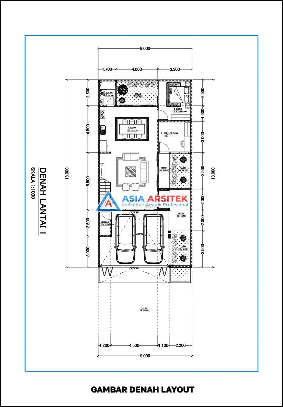 denah Desain Rumah Scandinavian 2 Lantai 9×18 meter