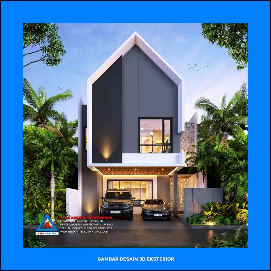 fasad Desain Rumah Scandinavian 2 Lantai 9×18 meter