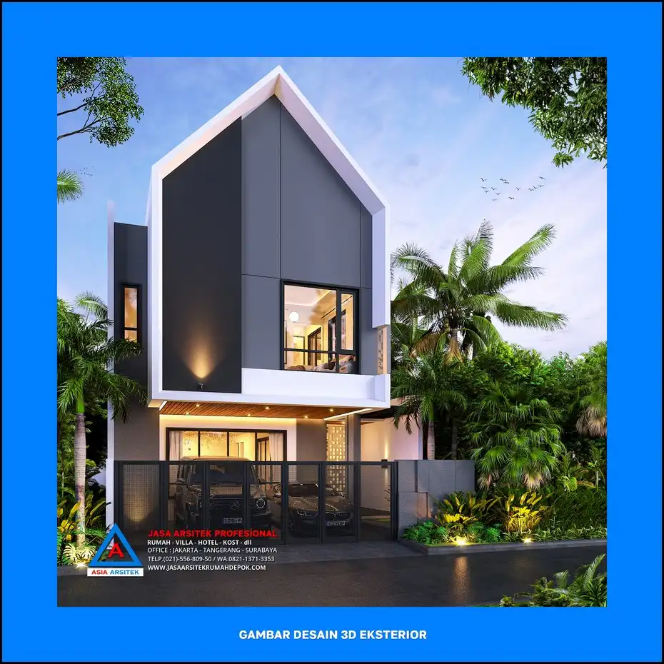 depan kiri Desain Rumah Scandinavian 2 Lantai 9×18 meter