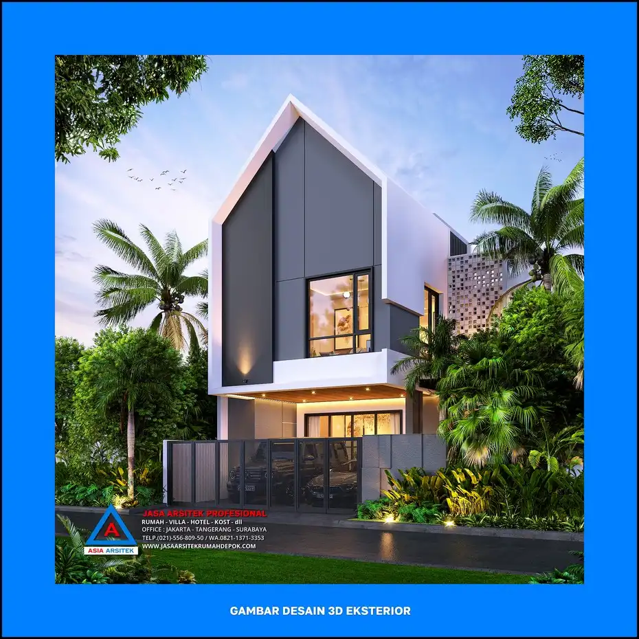depan kanan Desain Rumah Scandinavian 2 Lantai 9×18 meter