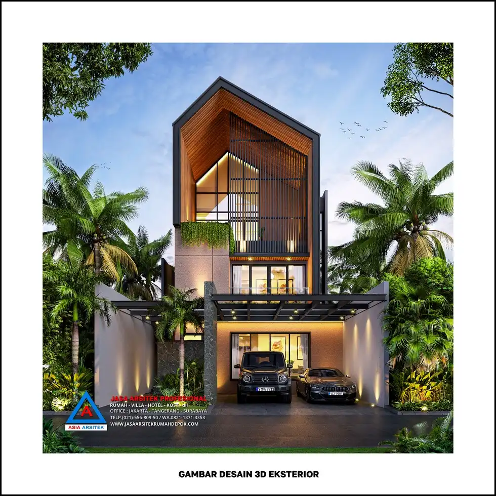 fasad depan Desain Rumah Scandinavian 3 Lantai dengan Denah