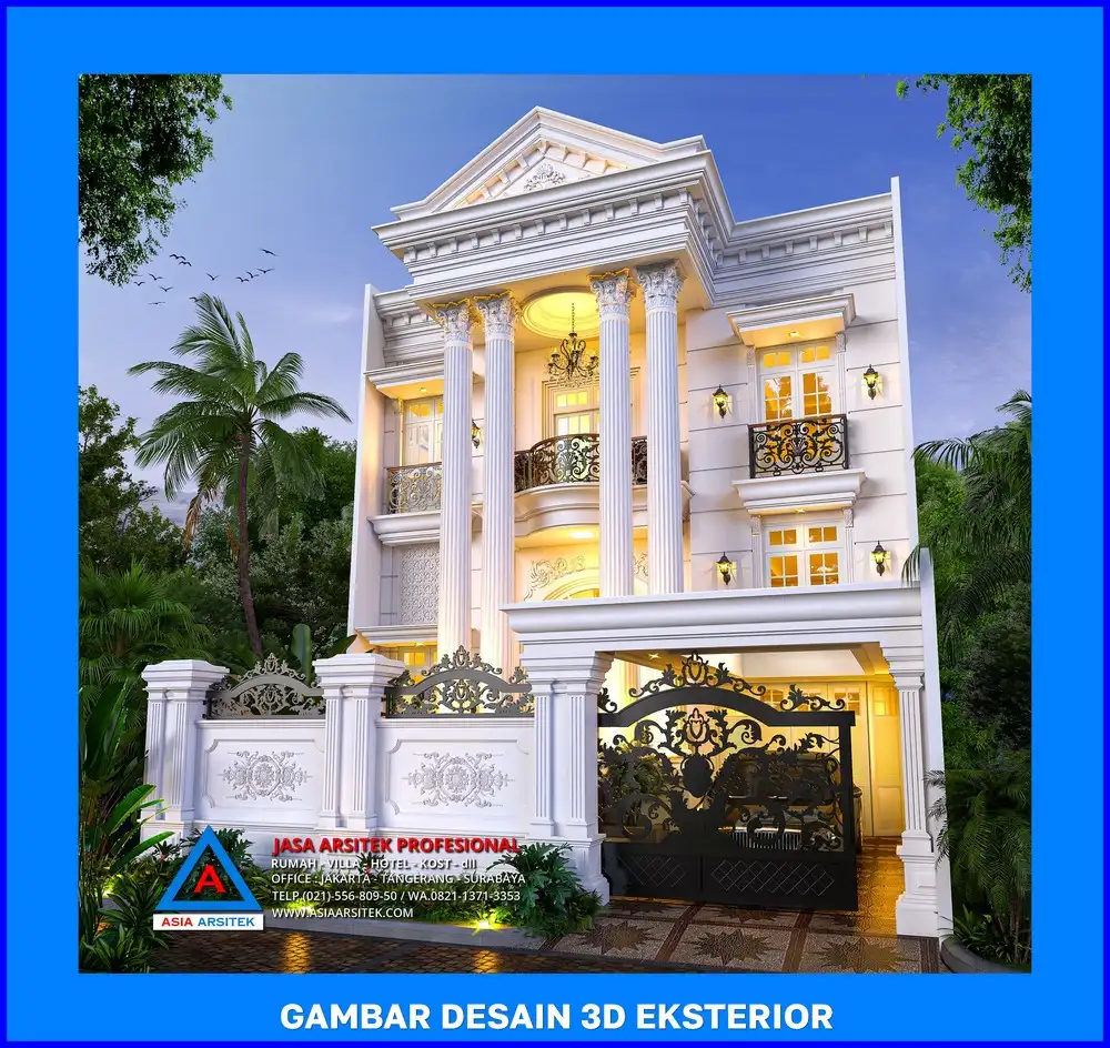 fasad rumah mewah klasik 3 lantai oleh Jasa Desain Rumah di Bojongsari Depok