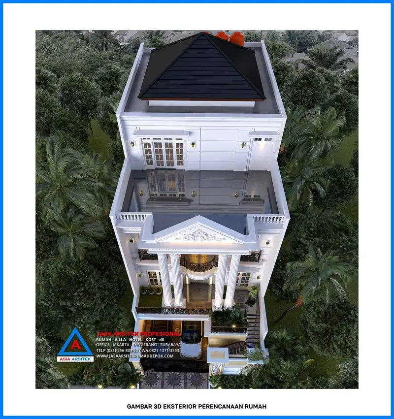 tampak atas Kontraktor Rumah Mewah Klasik 4 Lantai, kontraktor rumah, jasa kontraktor, jasa kontraktor rumah, kontraktor bangun rumah, kontraktor rumah mewah, kontraktor bangunan, jasa kontraktor bangunan