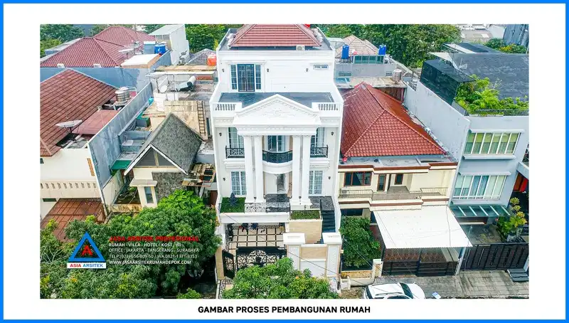 tampak atas bangunan Kontraktor Rumah Mewah Klasik 4 Lantai, kontraktor rumah, jasa kontraktor, jasa kontraktor rumah, kontraktor bangun rumah, kontraktor rumah mewah, kontraktor bangunan, jasa kontraktor bangunan