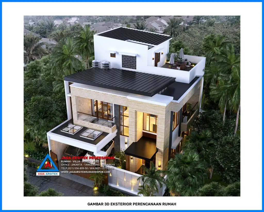 tampak atas Kontraktor Rumah Tropis 3 Lantai 4 Kamar, kontraktor rumah, jasa kontraktor, jasa kontraktor rumah, kontraktor bangun rumah, kontraktor rumah mewah, kontraktor bangunan, jasa kontraktor bangunan