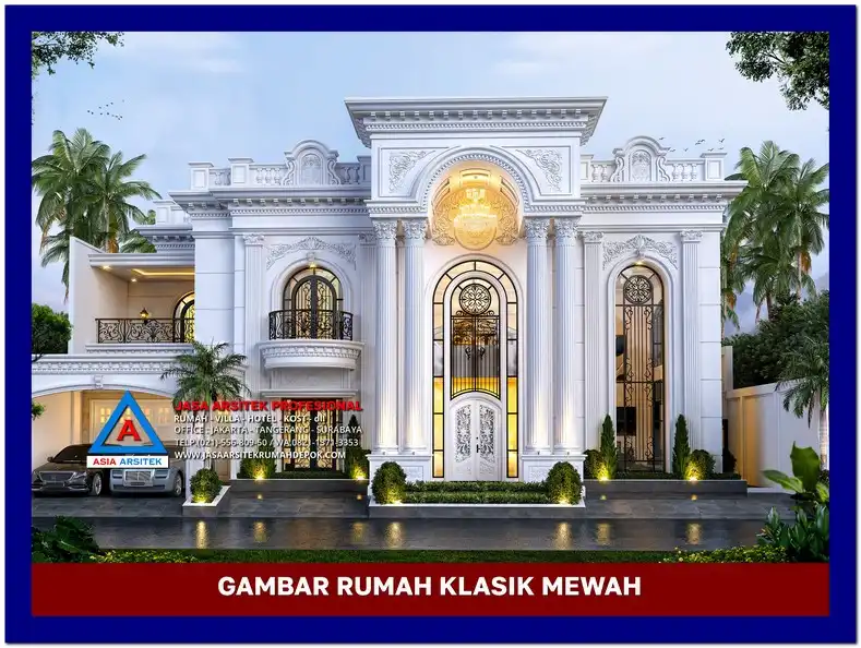tampak depan Gambar Desain Rumah Klasik Eropa 2 Lantai di lahan 24x35 meter, gambar rumah klasik, desain rumah klasik, model rumah klasik, rumah klasik elegan, inspirasi rumah klasik, contoh rumah klasik