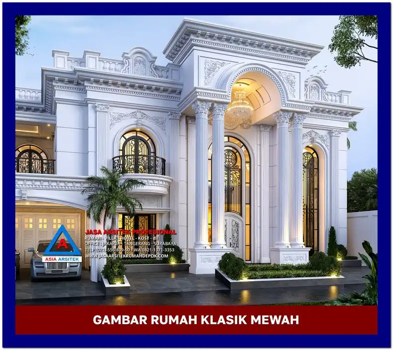 view depan Gambar Desain Rumah Klasik Eropa 2 Lantai di lahan 24x35 meter, gambar rumah klasik, desain rumah klasik, model rumah klasik, rumah klasik elegan, inspirasi rumah klasik, contoh rumah klasik