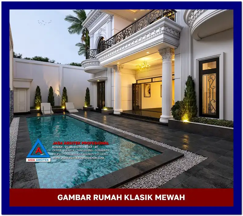 kolam renang Gambar Desain Rumah Klasik Eropa 2 Lantai di lahan 24x35 meter, gambar rumah klasik, desain rumah klasik, model rumah klasik, rumah klasik elegan, inspirasi rumah klasik, contoh rumah klasik
