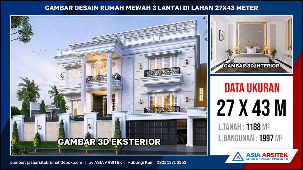 hd Gambar Desain Rumah Mewah 3 Lantai di lahan 27x43 meter, gambar rumah mewah, desain rumah mewah, arsitektur rumah mewah, rumah mewah modern