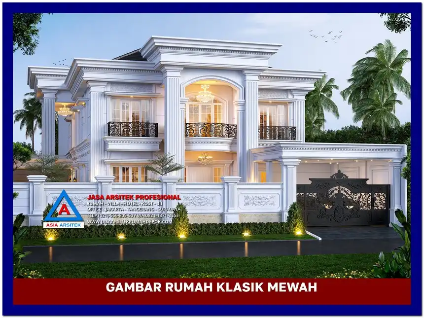 tampak depan Gambar Rumah Klasik Mewah 2 Lantai di lahan 34x24 meter, gambar rumah klasik, desain rumah klasik, model rumah klasik, rumah klasik elegan, inspirasi rumah klasik, contoh rumah klasik