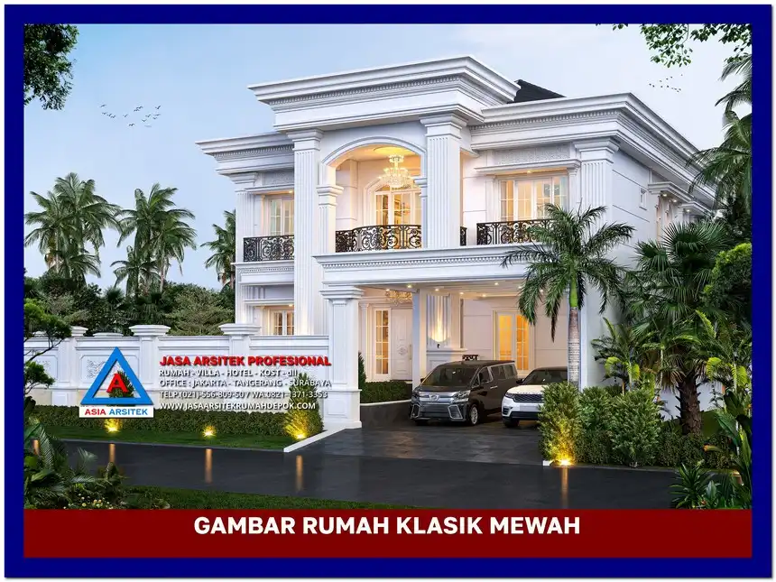 fasad depan Gambar Rumah Klasik Mewah 2 Lantai di lahan 34x24 meter, gambar rumah klasik, desain rumah klasik, model rumah klasik, rumah klasik elegan, inspirasi rumah klasik, contoh rumah klasik
