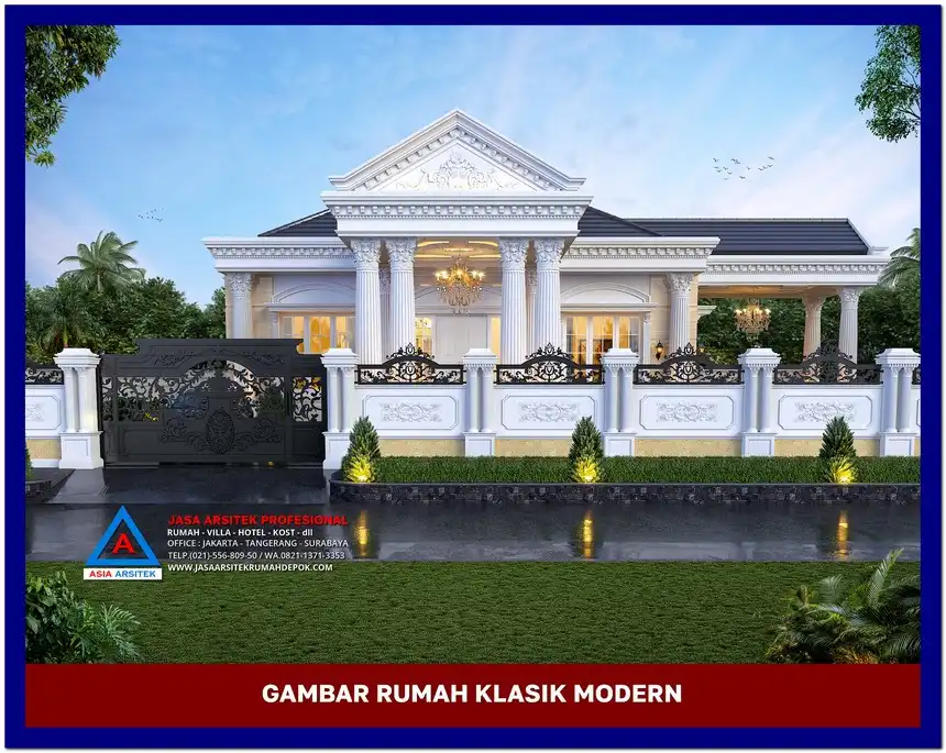 tampak depan Gambar Rumah Klasik Modern 1 Lantai di lahan 22x26 meter, gambar rumah klasik, desain rumah klasik, model rumah klasik, rumah klasik elegan, inspirasi rumah klasik, contoh rumah klasik