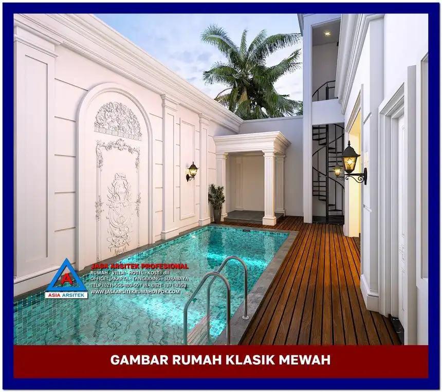 kolam renang Gambar Rumah Klasik Modern 2 Lantai di lahan 13x25 meter, gambar rumah klasik, desain rumah klasik, model rumah klasik, rumah klasik elegan, inspirasi rumah klasik, contoh rumah klasik