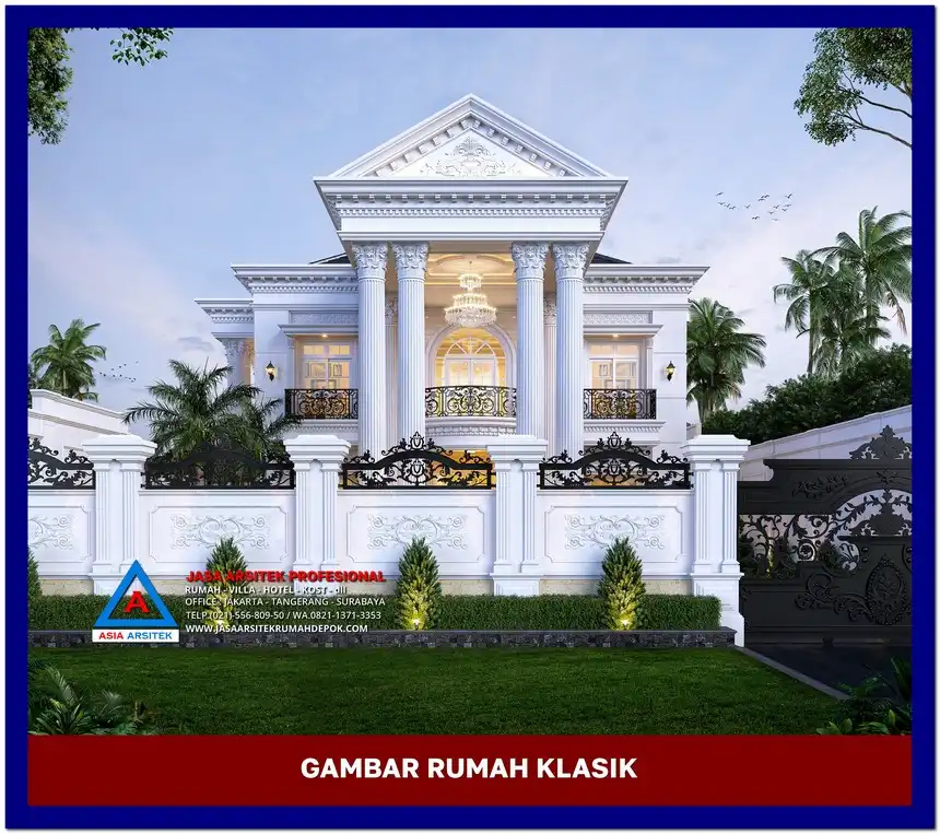 tampak depan Gambar Rumah Klasik dengan Pilar Tinggi, gambar rumah klasik, desain rumah klasik, model rumah klasik, rumah klasik elegan, inspirasi rumah klasik, contoh rumah klasik