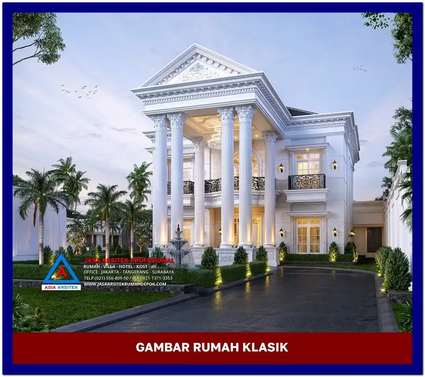 view depan Gambar Rumah Klasik dengan Pilar Tinggi, gambar rumah klasik, desain rumah klasik, model rumah klasik, rumah klasik elegan, inspirasi rumah klasik, contoh rumah klasik