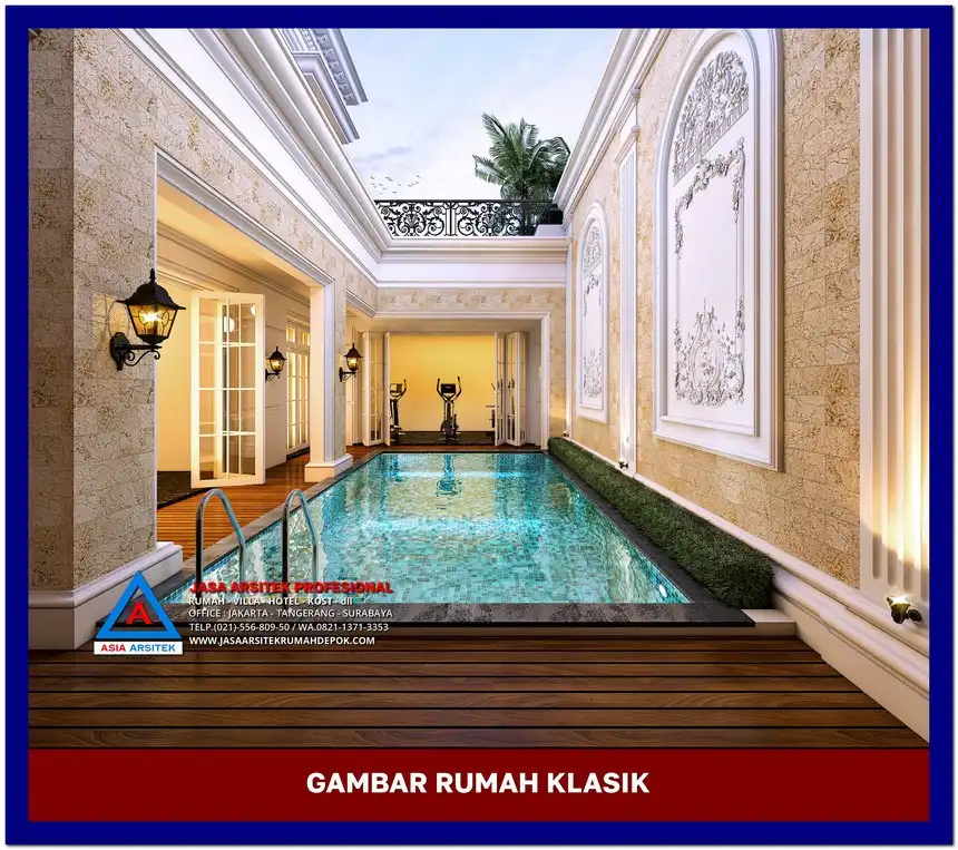 kolam renang Gambar Rumah Klasik dengan Pilar Tinggi, gambar rumah klasik, desain rumah klasik, model rumah klasik, rumah klasik elegan, inspirasi rumah klasik, contoh rumah klasik