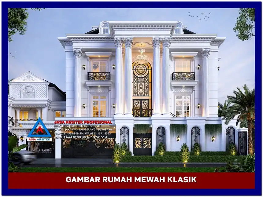 tampak depan Gambar Rumah Mewah Klasik 3 Lantai di lahan 28x24 meter, gambar rumah mewah, desain rumah mewah, arsitektur rumah mewah, rumah mewah modern
