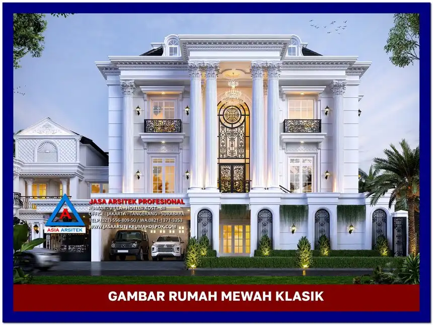 fasad Gambar Rumah Mewah Klasik 3 Lantai di lahan 28x24 meter, gambar rumah mewah, desain rumah mewah, arsitektur rumah mewah, rumah mewah modern