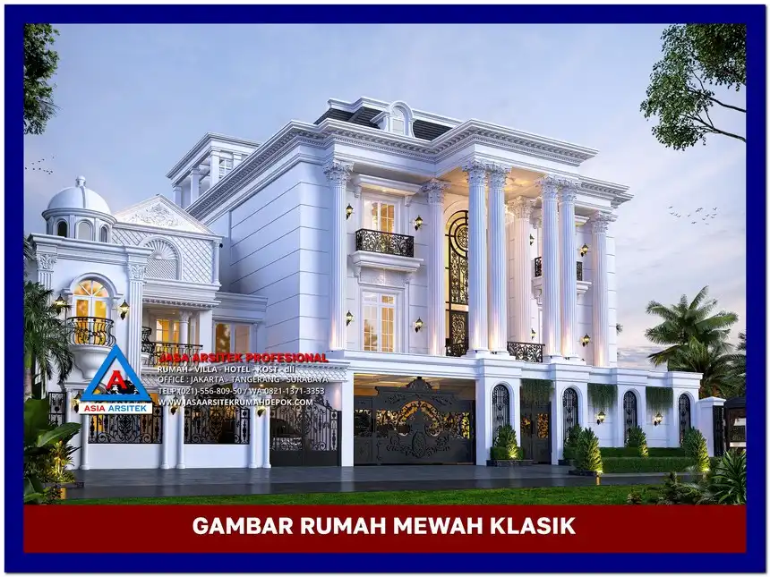 tampak depan kiri Gambar Rumah Mewah Klasik 3 Lantai di lahan 28x24 meter, gambar rumah mewah, desain rumah mewah, arsitektur rumah mewah, rumah mewah modern
