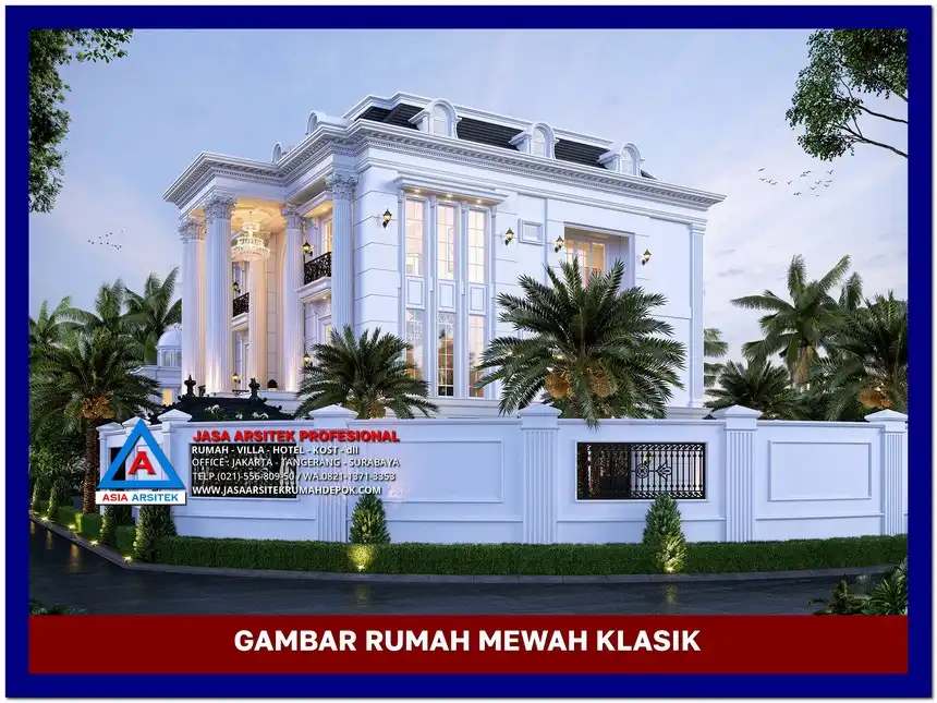 tampak depan kanan Gambar Rumah Mewah Klasik 3 Lantai di lahan 28x24 meter, gambar rumah mewah, desain rumah mewah, arsitektur rumah mewah, rumah mewah modern