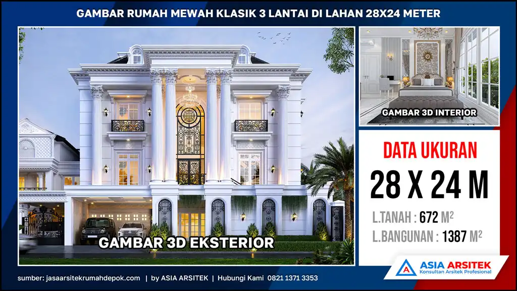 hd Gambar Rumah Mewah Klasik 3 Lantai di lahan 28x24 meter, gambar rumah mewah, desain rumah mewah, arsitektur rumah mewah, rumah mewah modern